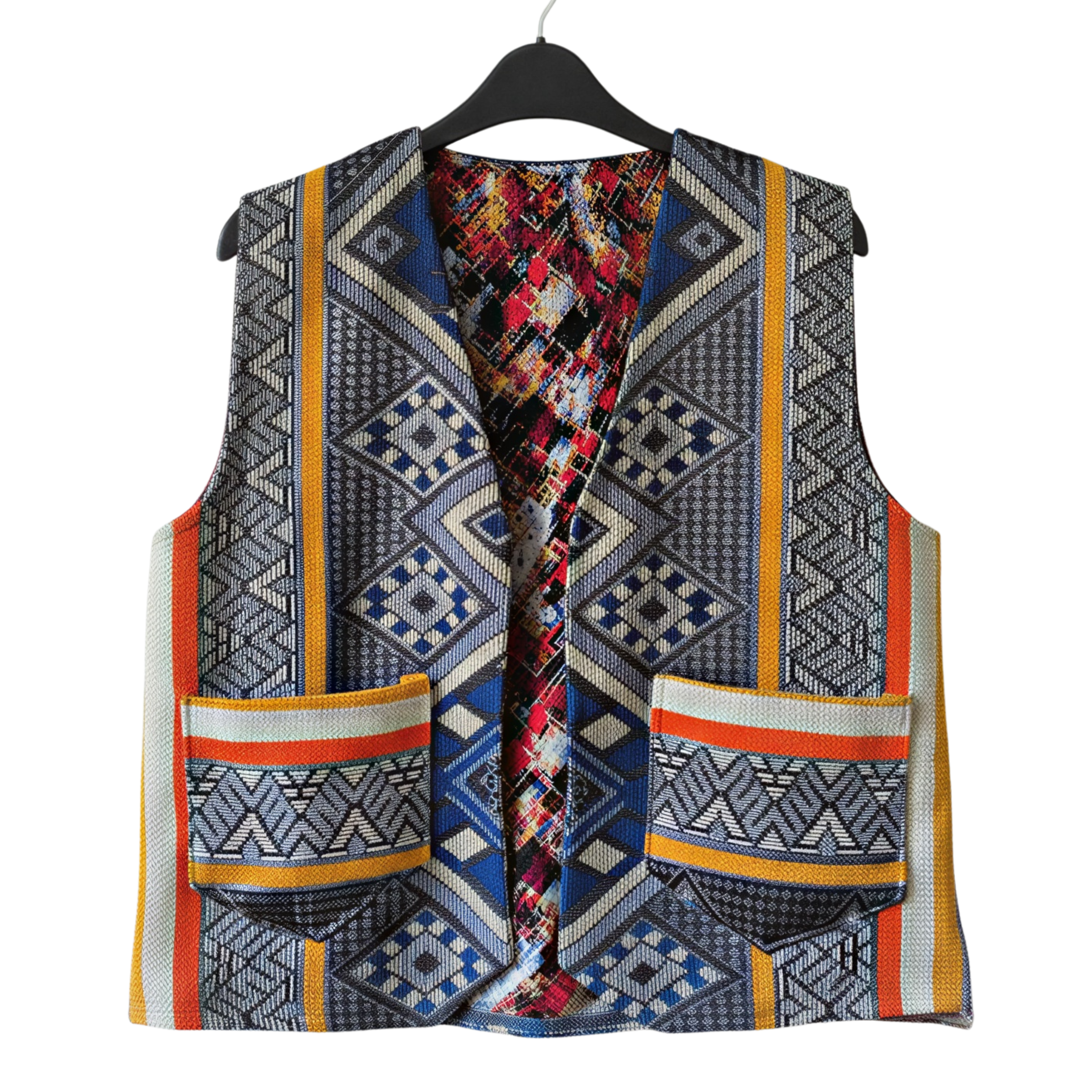 Gilet artigianale di Essaouira - Blu grigio con motivi berberi geometrici