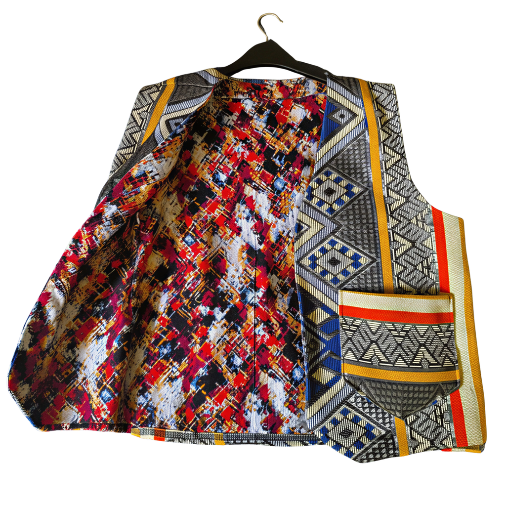Gilet artigianale di Essaouira - Blu grigio con motivi berberi geometrici