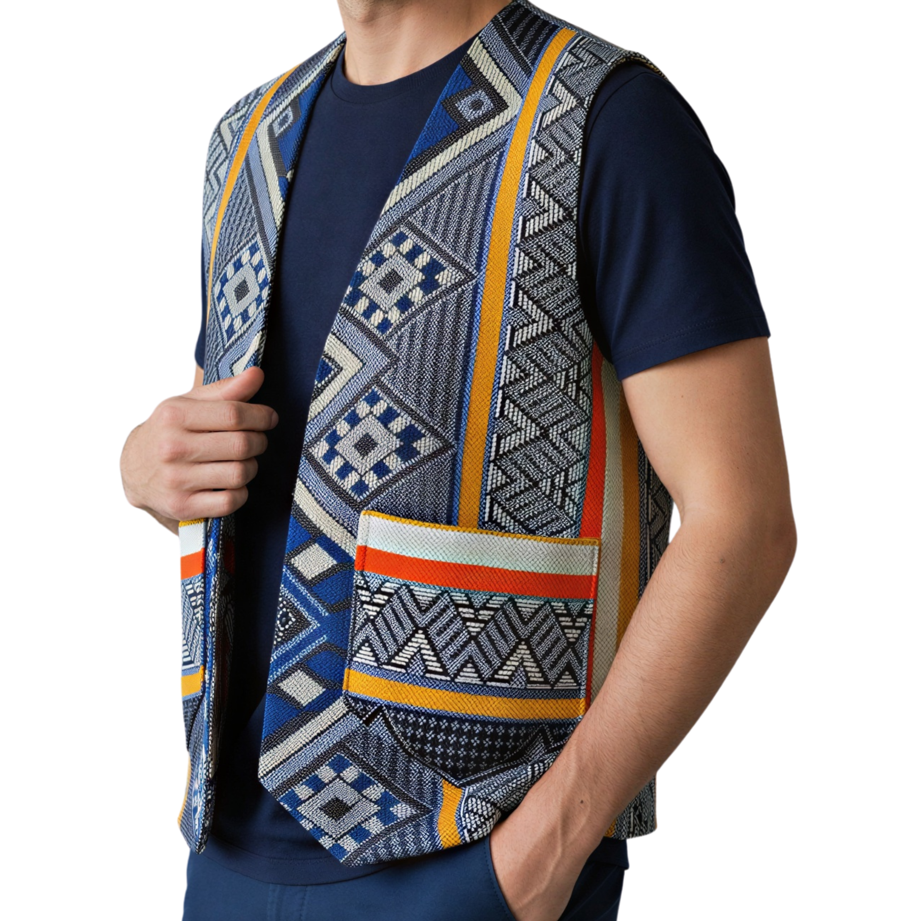 Gilet artigianale di Essaouira - Blu grigio con motivi berberi geometrici