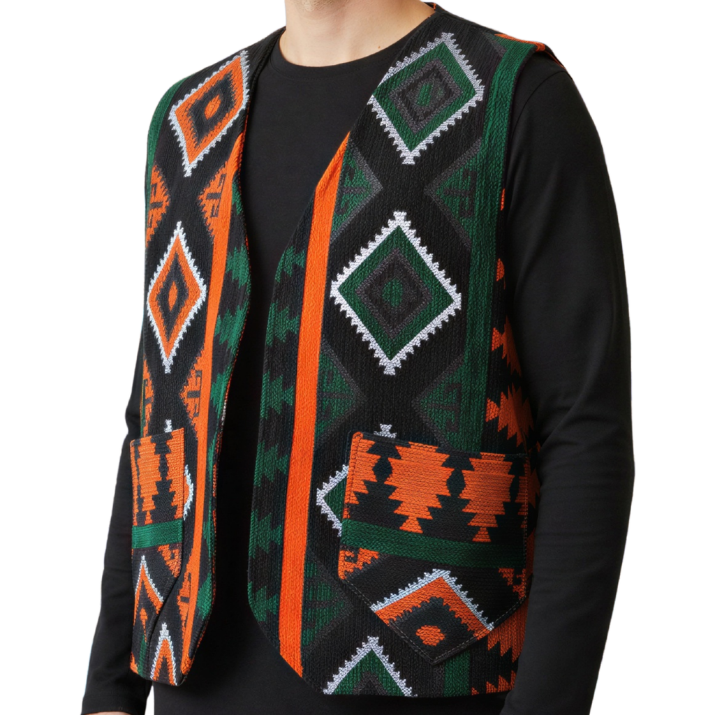 Gilet artigianale di Essaouira - Verde con motivi berberi geometrici