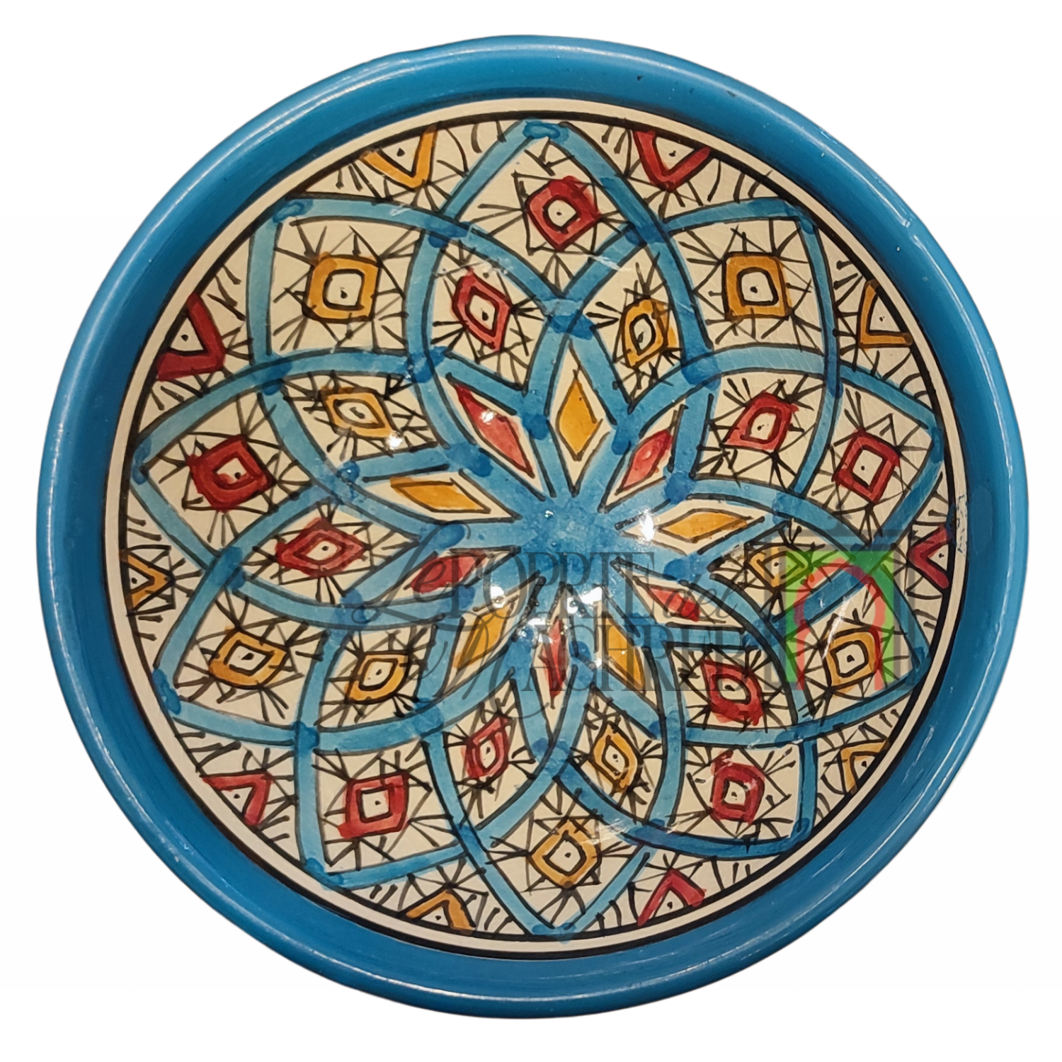 Ciotola artigianale marocchina di Safi - dipinta a mano in terracotta blu multicolore