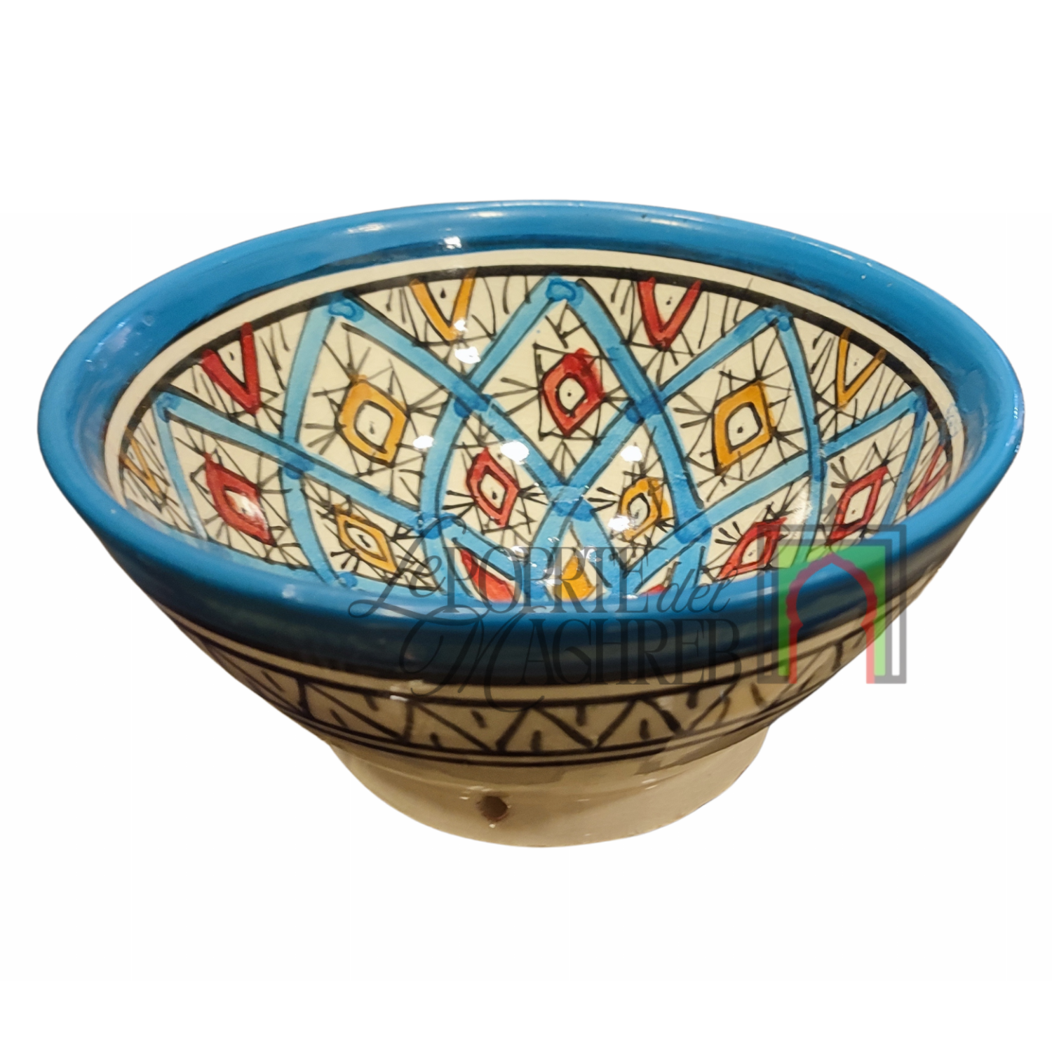 Ciotola artigianale marocchina di Safi - dipinta a mano in terracotta blu multicolore