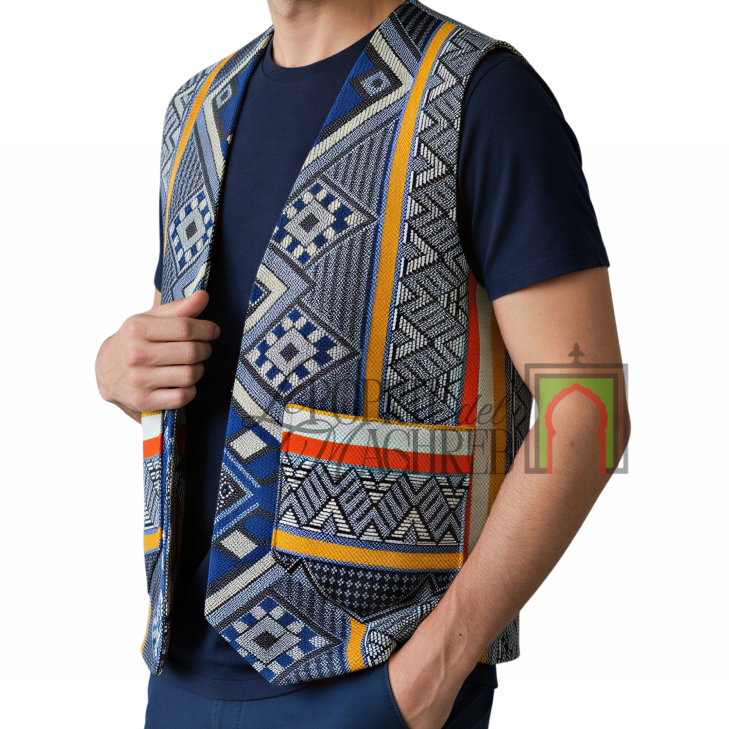 Gilet artigianale di Essaouira - Blu grigio con motivi berberi geometrici