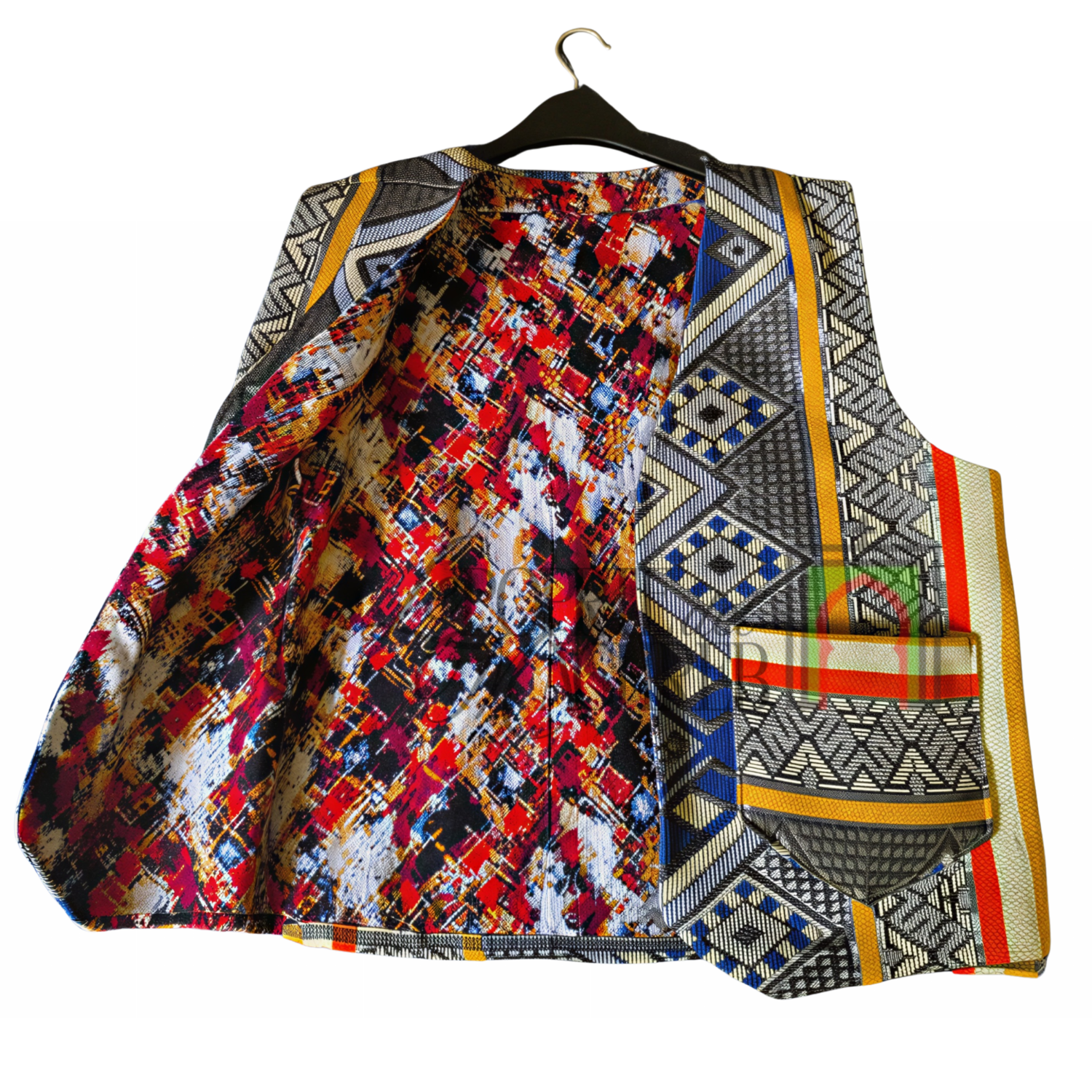Gilet artigianale di Essaouira - Blu grigio con motivi berberi geometrici