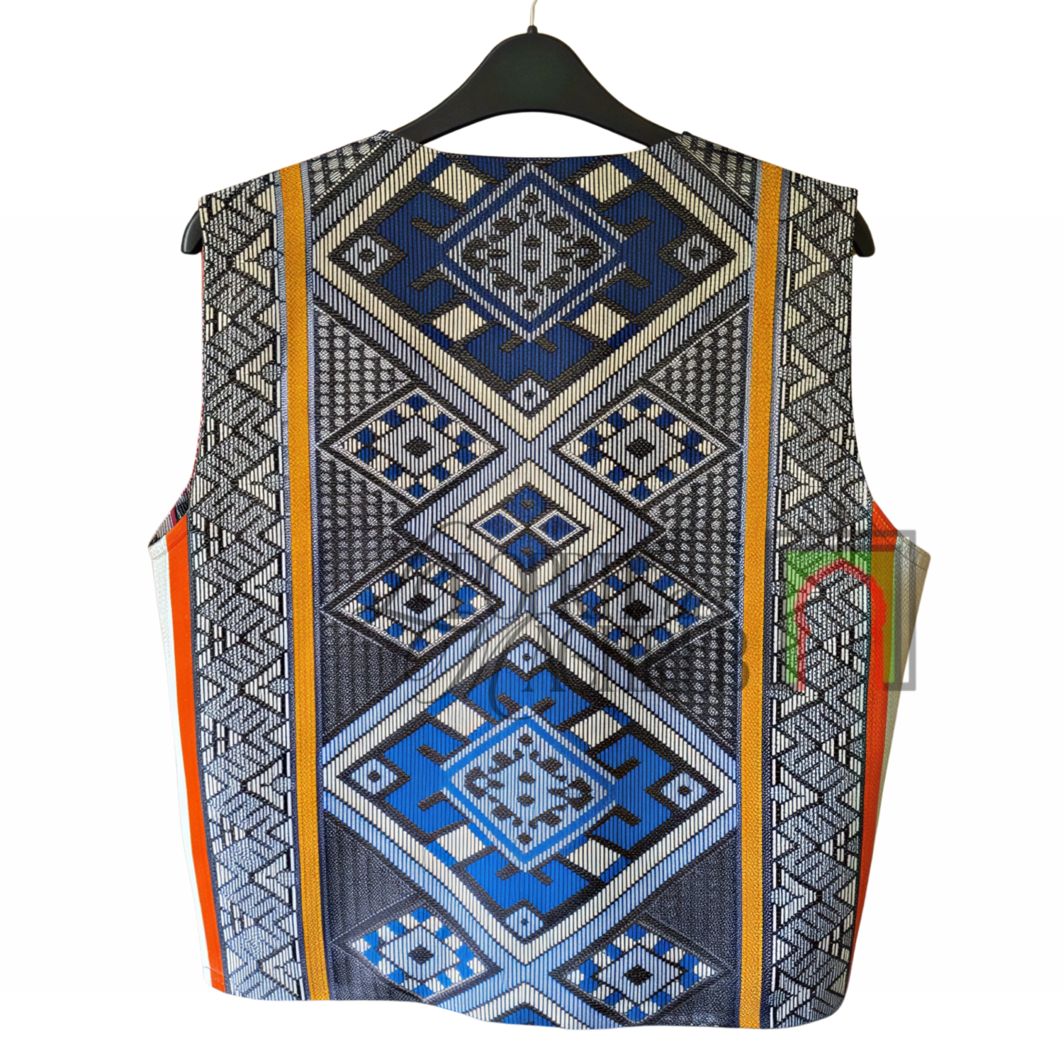 Gilet artigianale di Essaouira - Blu grigio con motivi berberi geometrici