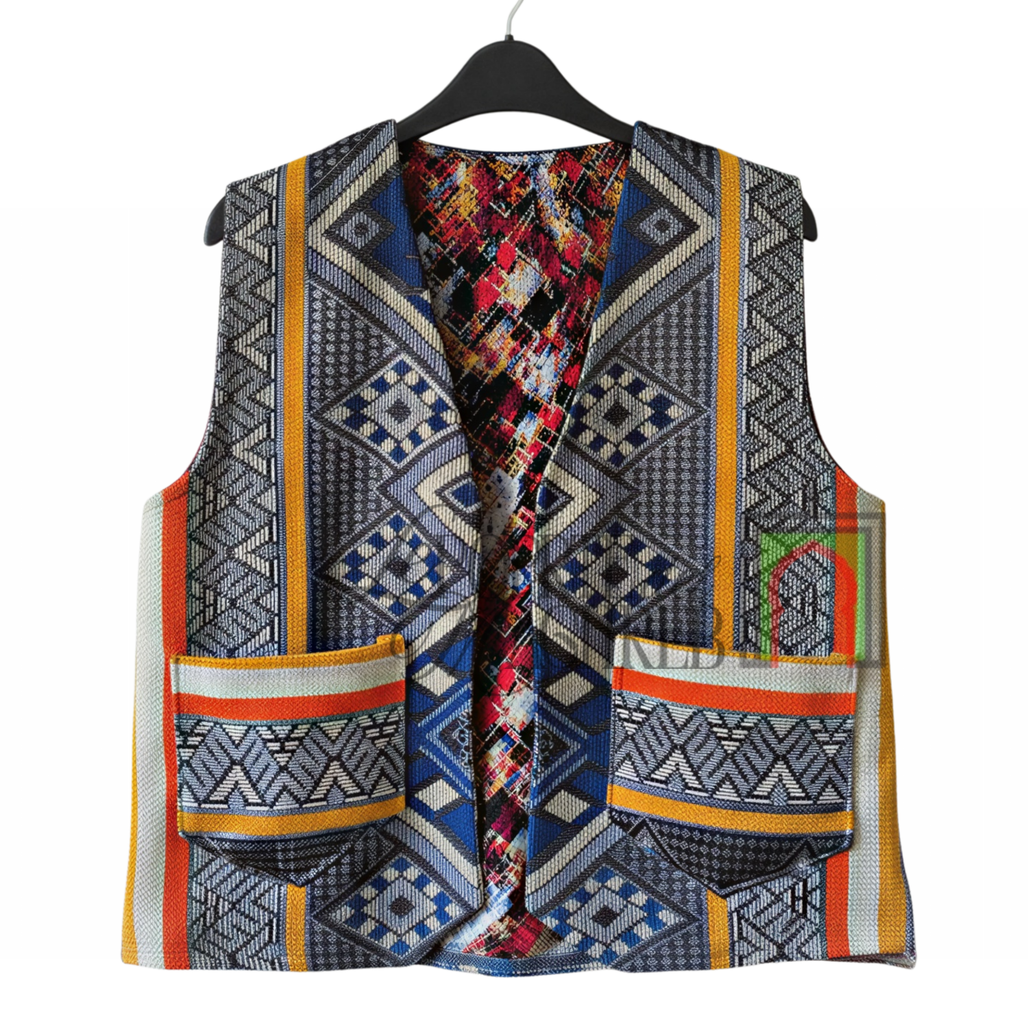 Gilet artigianale di Essaouira - Blu grigio con motivi berberi geometrici