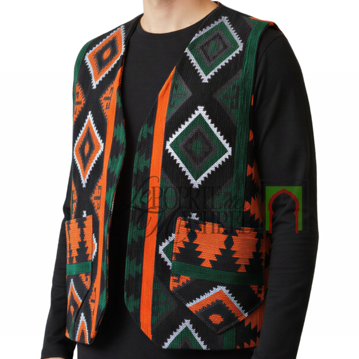 Gilet artigianale di Essaouira - Verde con motivi berberi geometrici