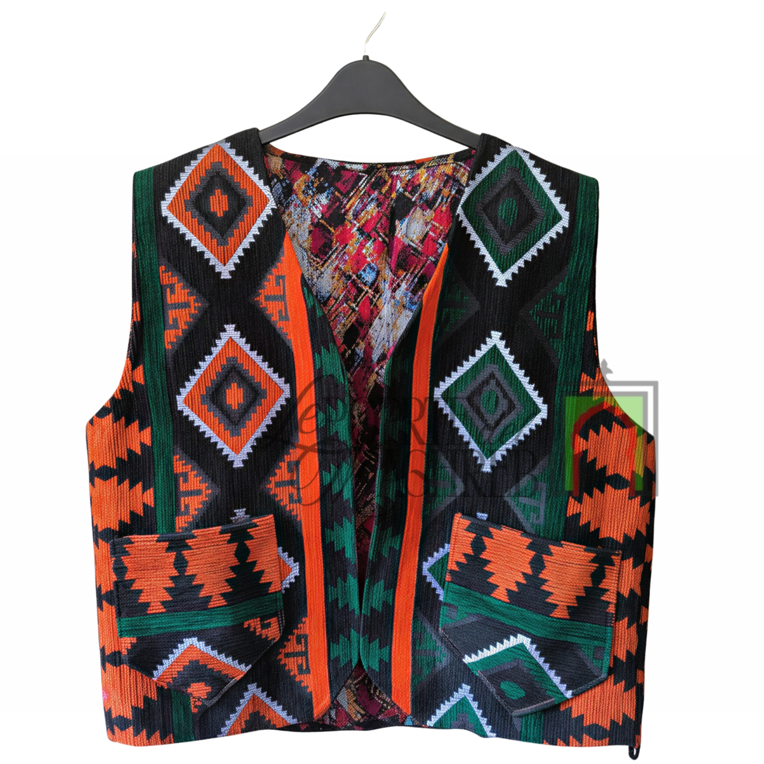 Gilet artigianale di Essaouira - Verde con motivi berberi geometrici