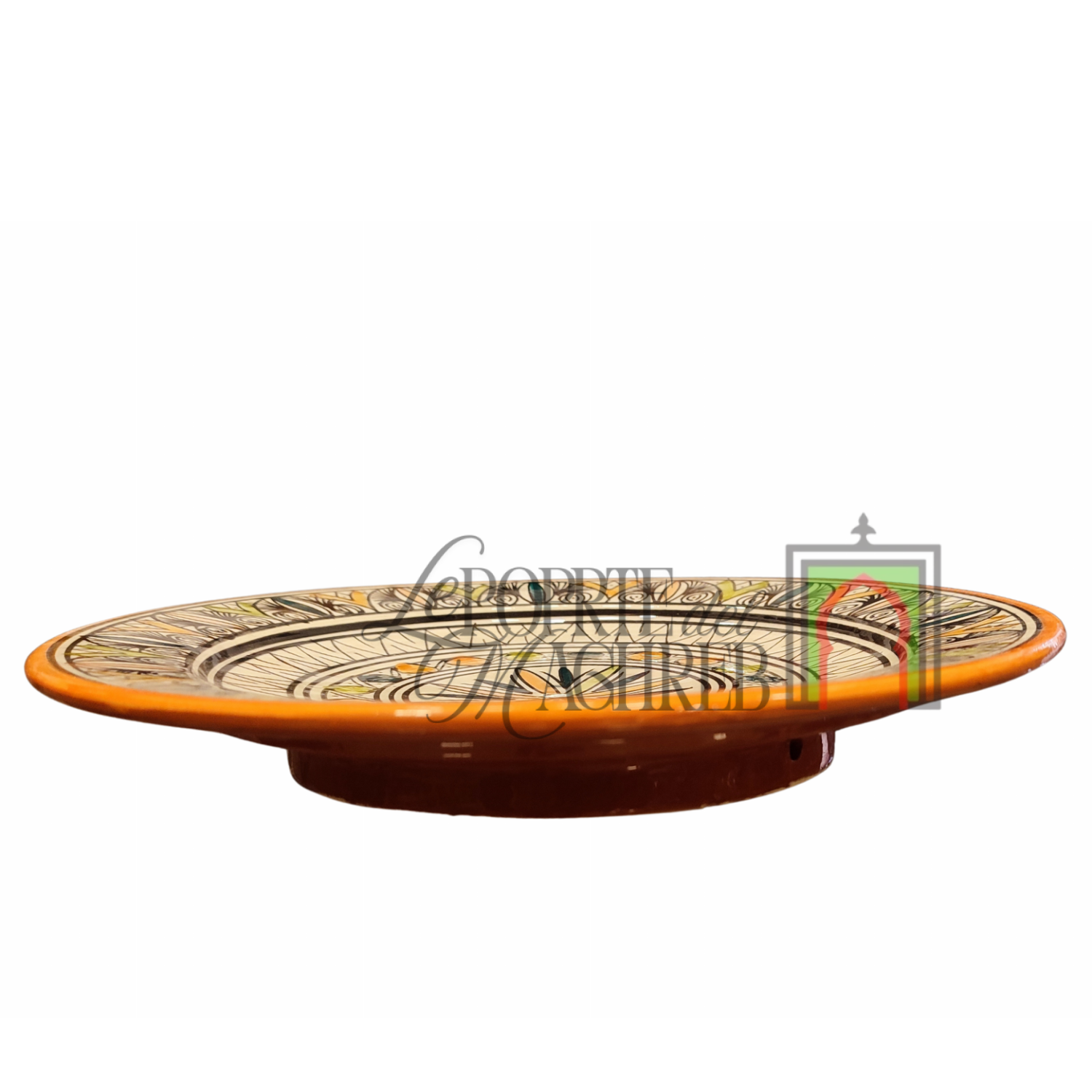 Piatto artigianale marocchino di Safi - dipinto a mano in terracotta beige ,nero, blu, verde, giallo