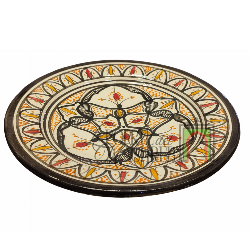 Piatto artigianale marocchino di Safi - dipinto a mano in terracotta bianco, nero e arancione