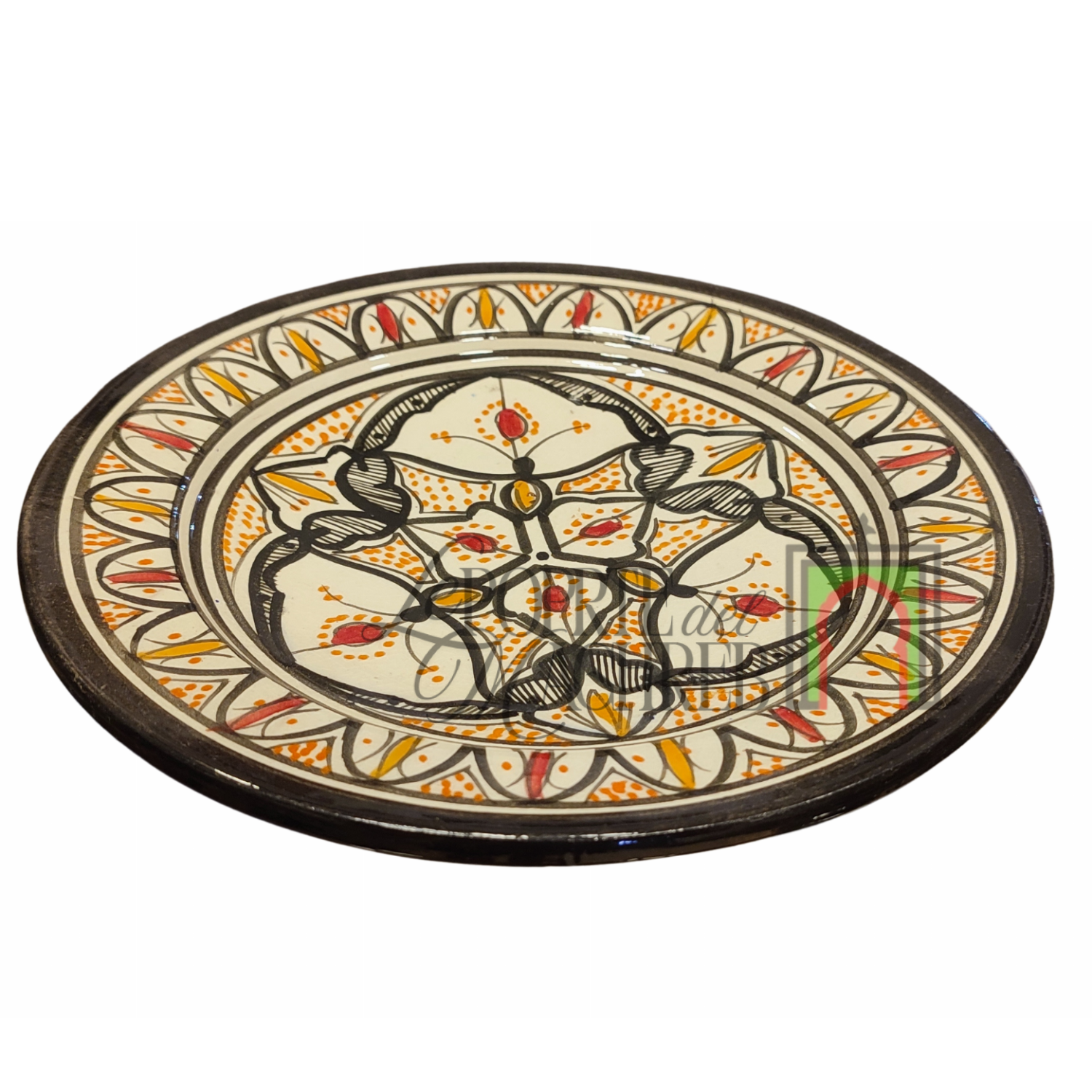 Piatto artigianale marocchino di Safi - dipinto a mano in terracotta bianco, nero e arancione