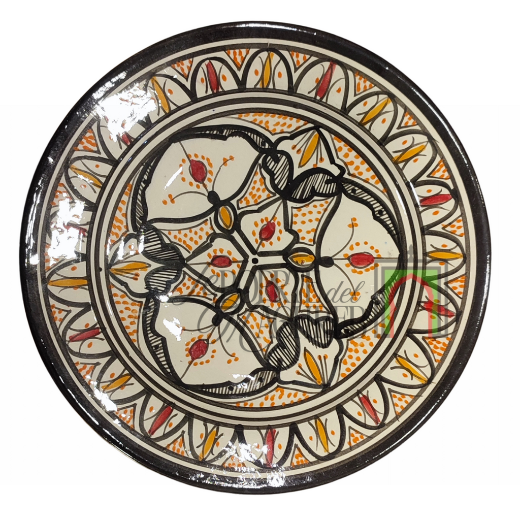 Piatto artigianale marocchino di Safi - dipinto a mano in terracotta bianco, nero e arancione