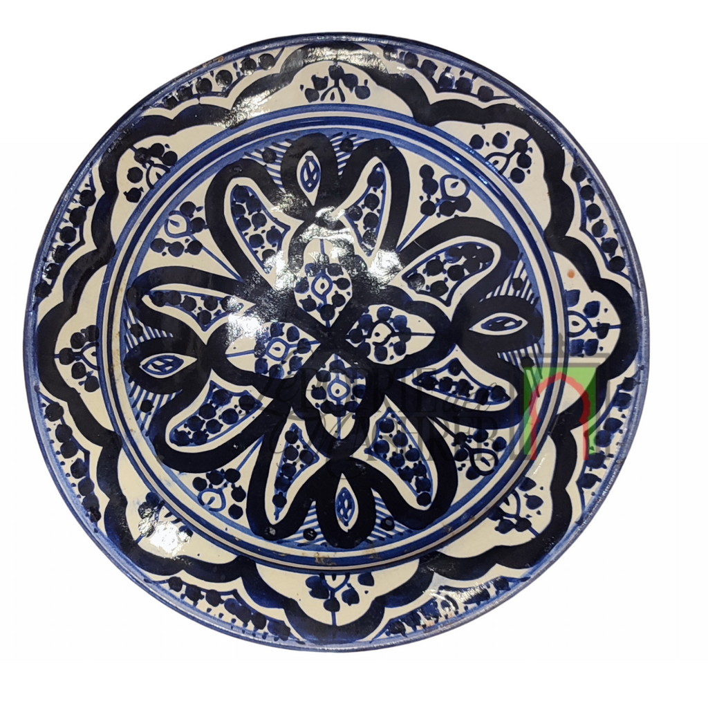 Piatto artigianale marocchino di Safi - dipinto a mano in terracotta blu e beige
