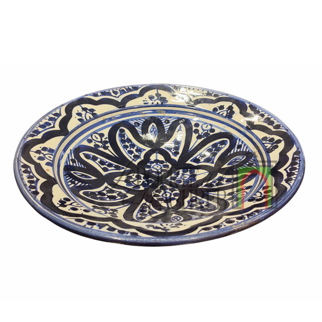 Piatto artigianale marocchino di Safi - dipinto a mano in terracotta blu e beige