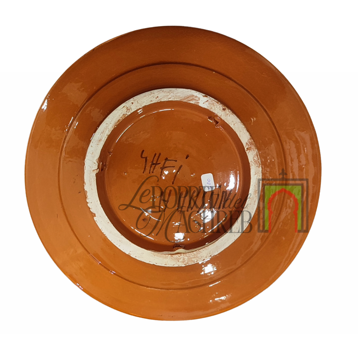 Piatto artigianale marocchino di Safi - dipinto a mano in terracotta beige con decorazioni in verde