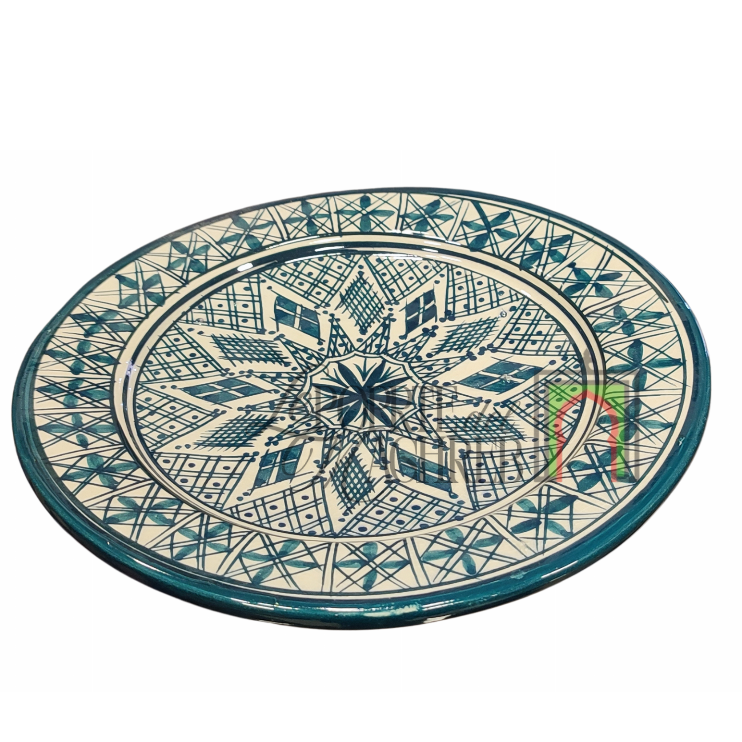 Piatto artigianale marocchino di Safi - dipinto a mano in terracotta beige con decorazioni in verde