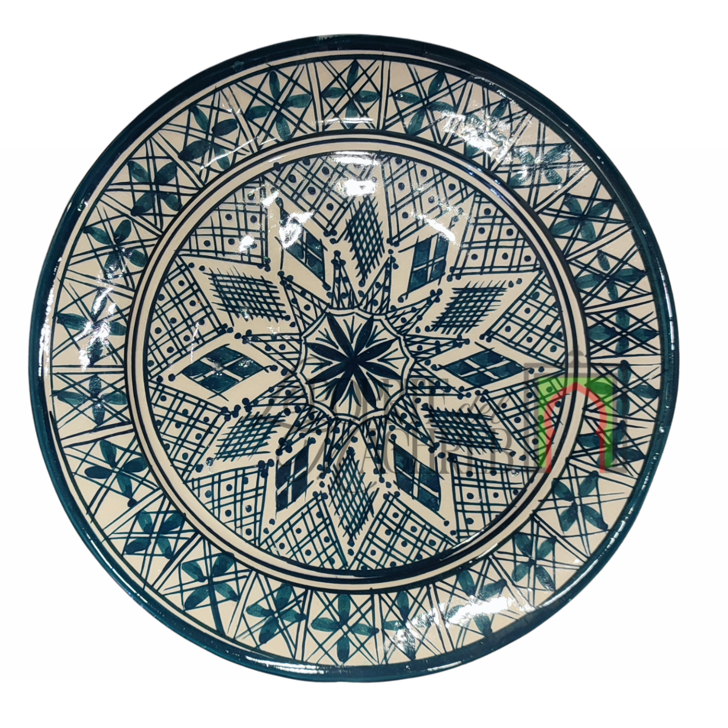 Piatto artigianale marocchino di Safi - dipinto a mano in terracotta beige con decorazioni in verde