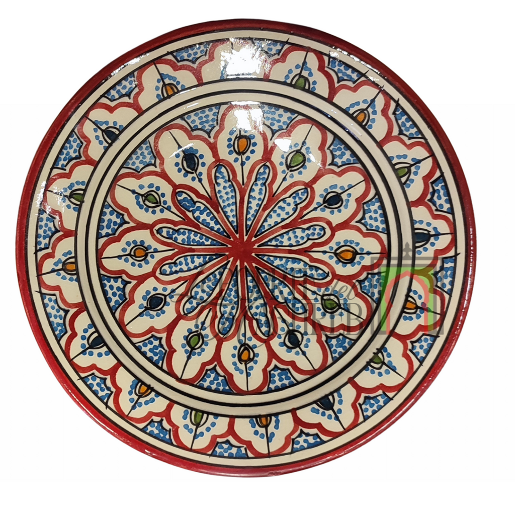 Piatto artigianale marocchino di Safi - dipinto a mano in terracotta beige,blu, rosso, verde e arancione