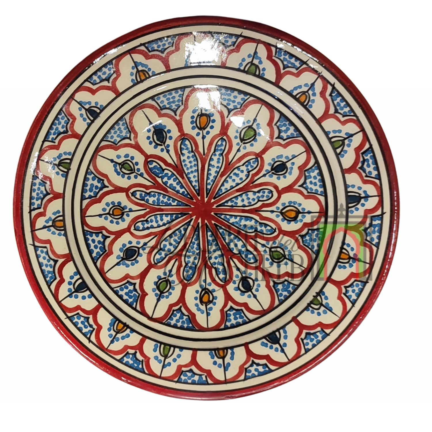 Piatto artigianale marocchino di Safi - dipinto a mano in terracotta beige,blu, rosso, verde e arancione