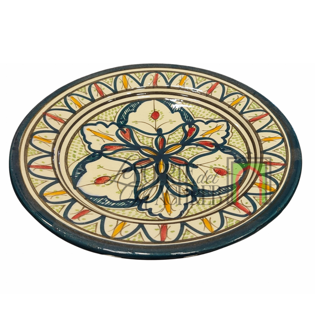 Piatto artigianale marocchino di Safi - dipinto a mano in terracotta blu, verde e rosso