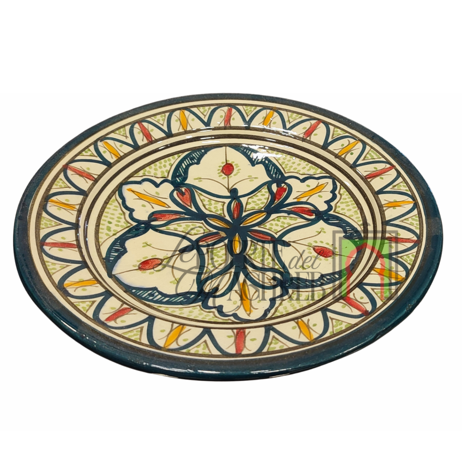 Piatto artigianale marocchino di Safi - dipinto a mano in terracotta blu, verde e rosso