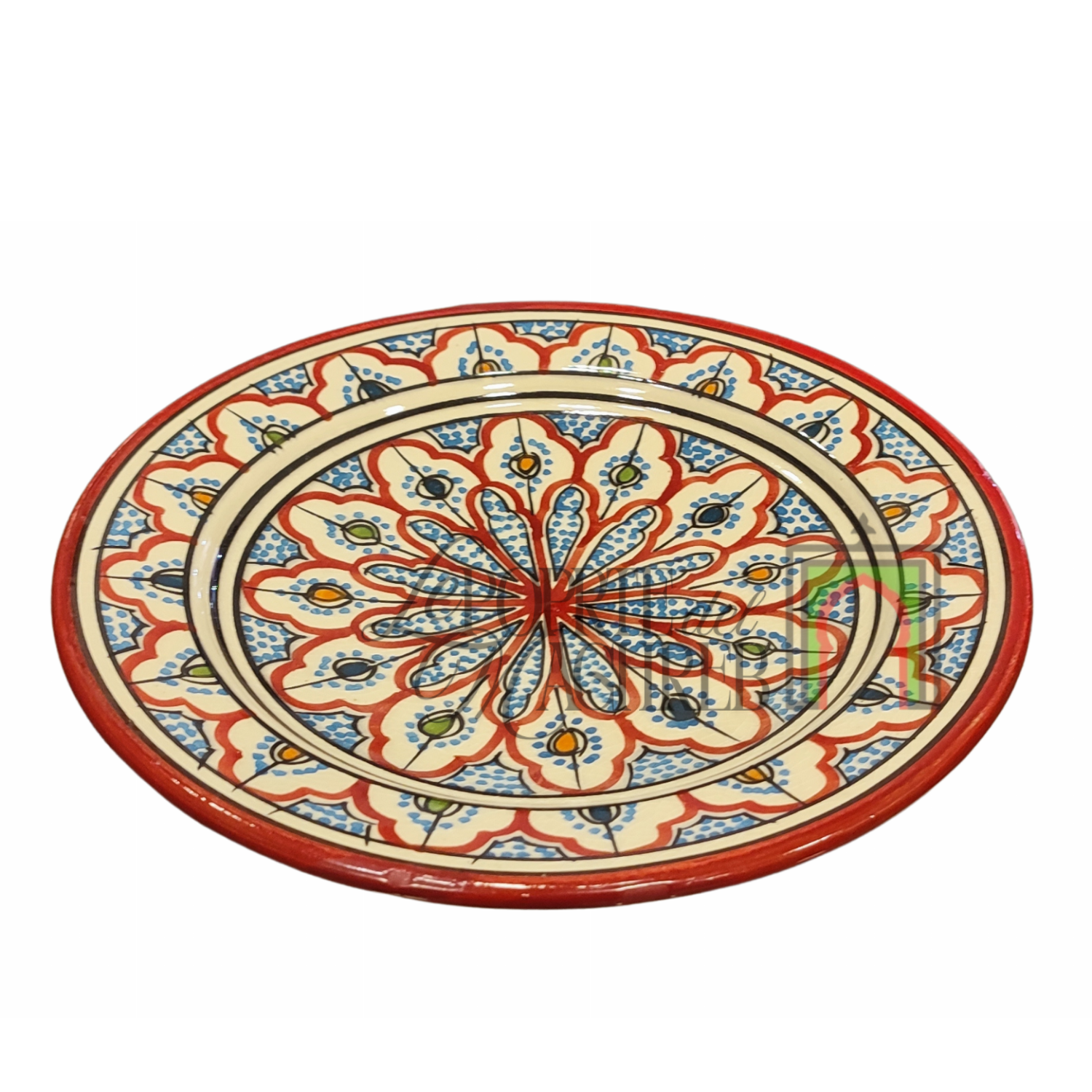 Piatto artigianale marocchino di Safi - dipinto a mano in terracotta beige,blu, rosso, verde e arancione