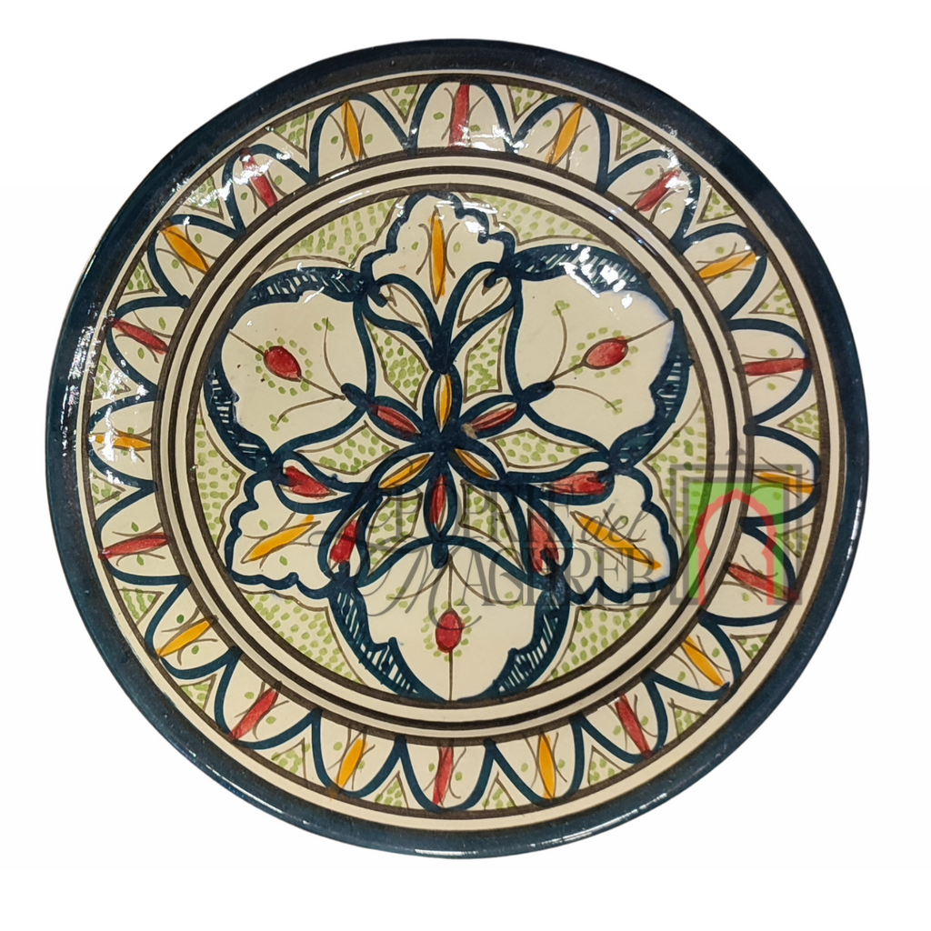 Piatto artigianale marocchino di Safi - dipinto a mano in terracotta blu, verde e rosso