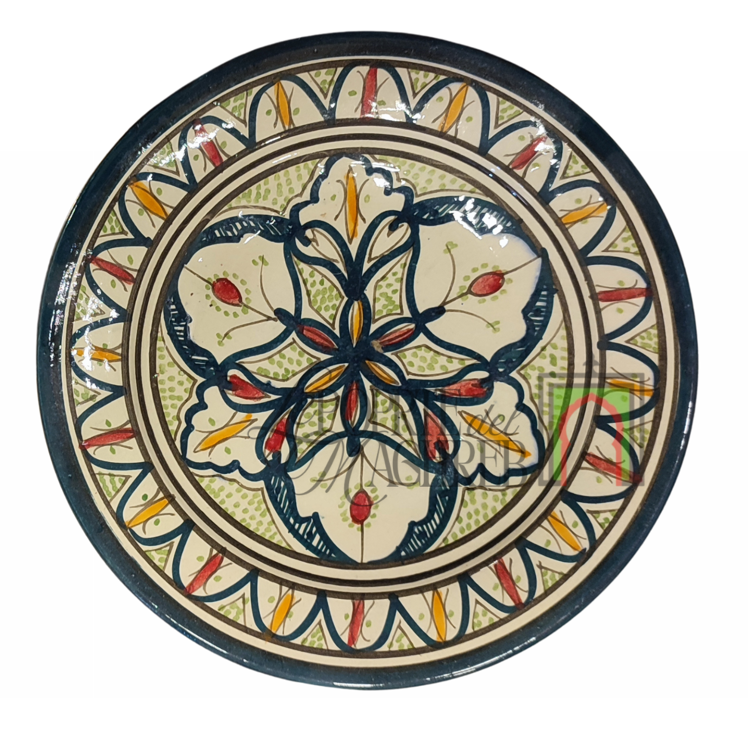 Piatto artigianale marocchino di Safi - dipinto a mano in terracotta blu, verde e rosso