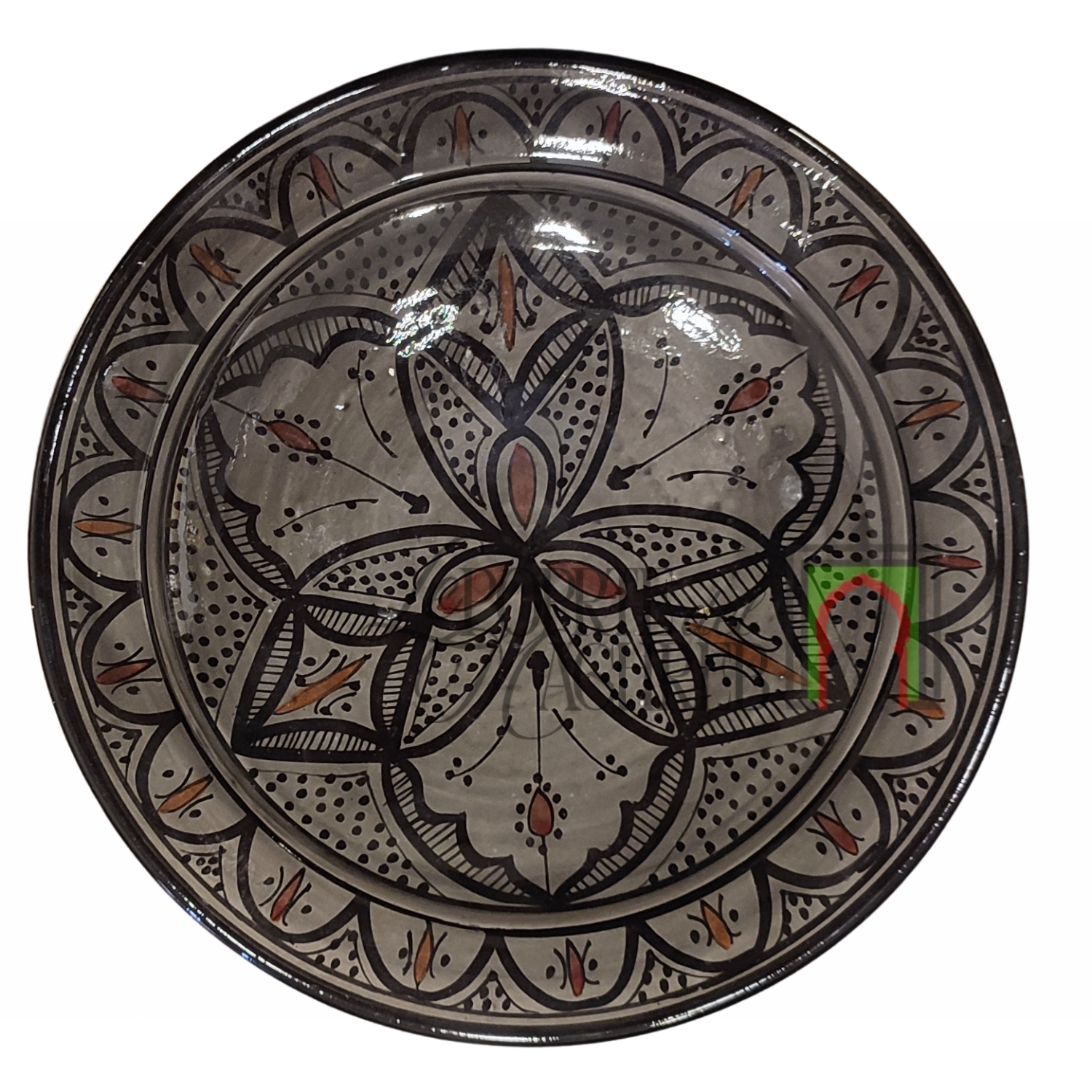 Piatto artigianale marocchino di Safi - dipinto a mano in terracotta - grigio e nero