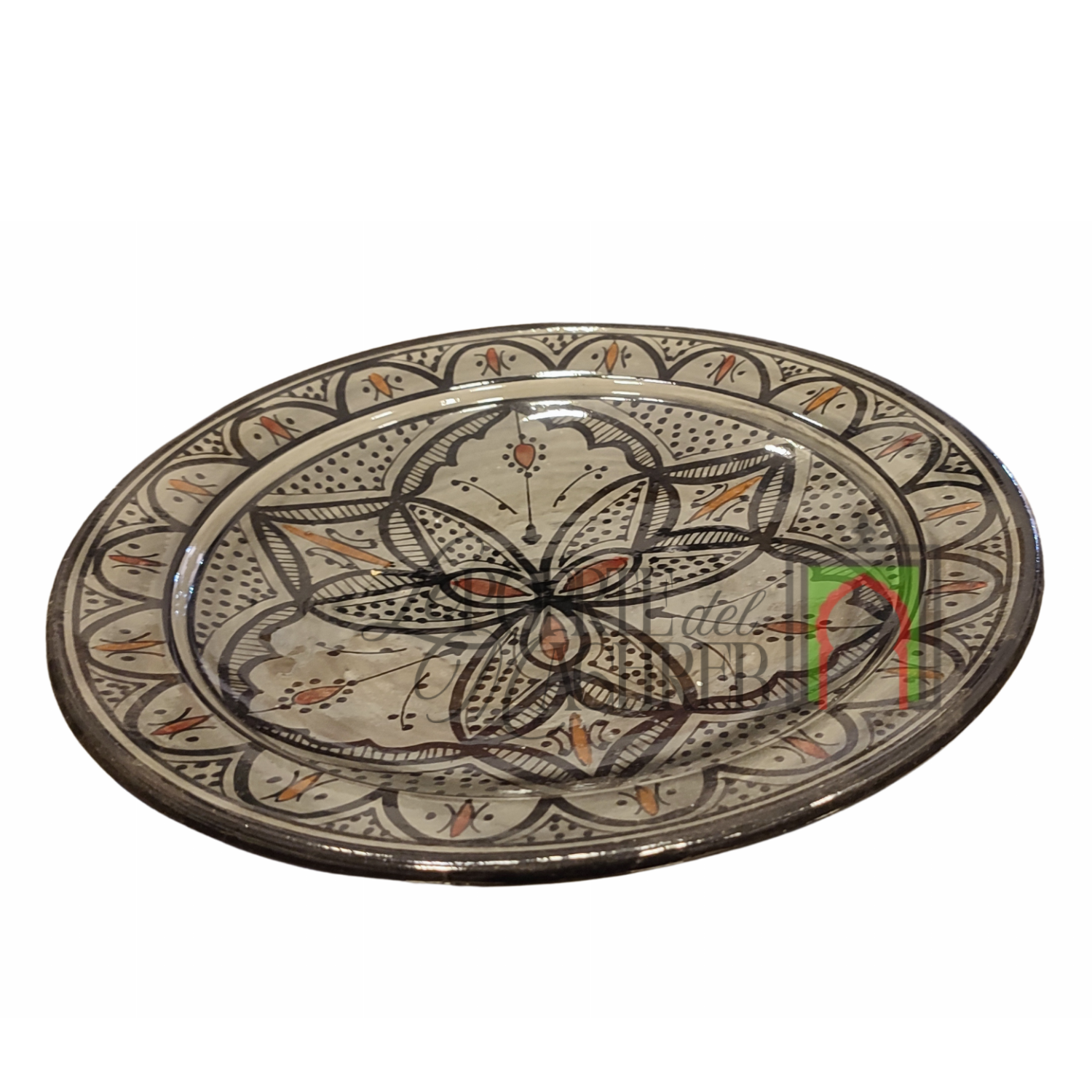 Piatto artigianale marocchino di Safi - dipinto a mano in terracotta - grigio e nero
