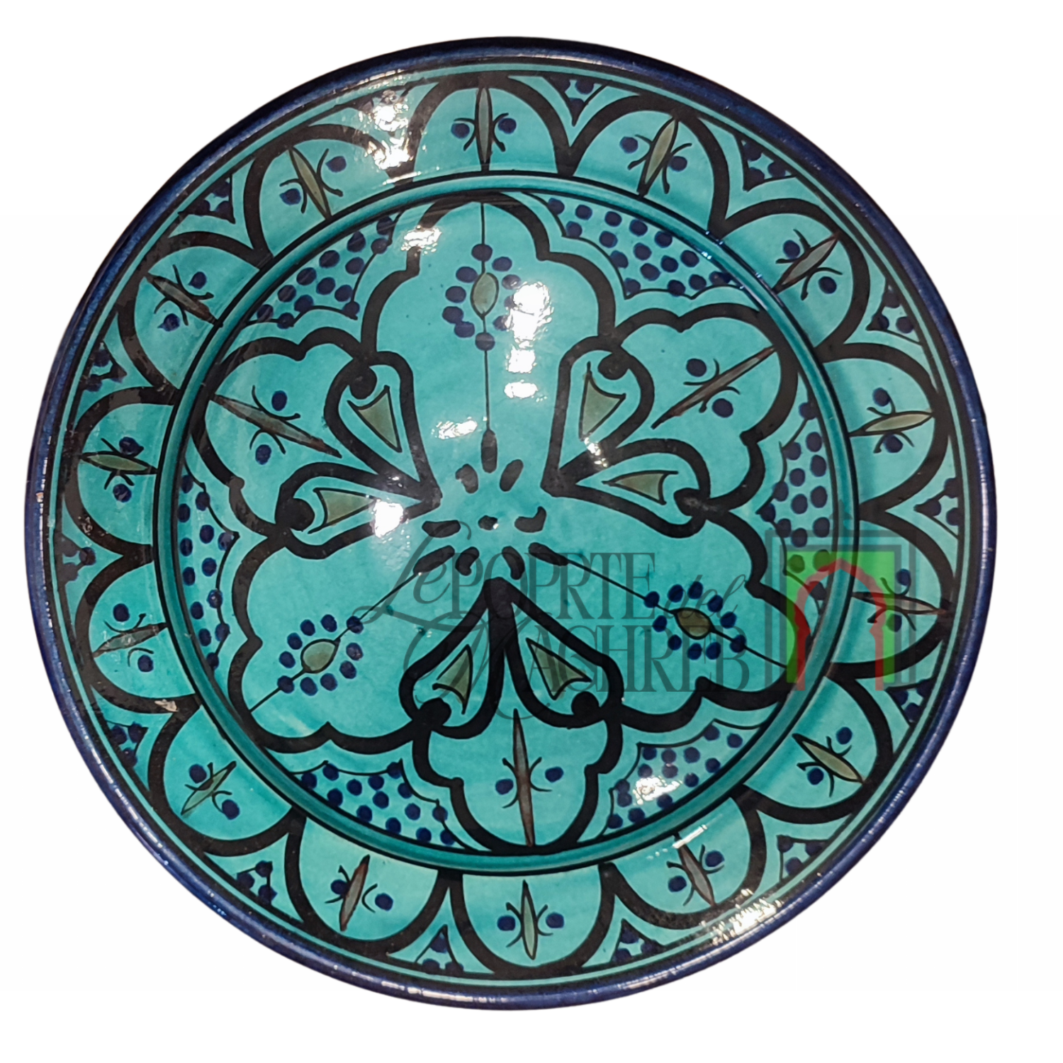 Piatto artigianale marocchino di Safi - dipinto a mano in terracotta turchese e nero