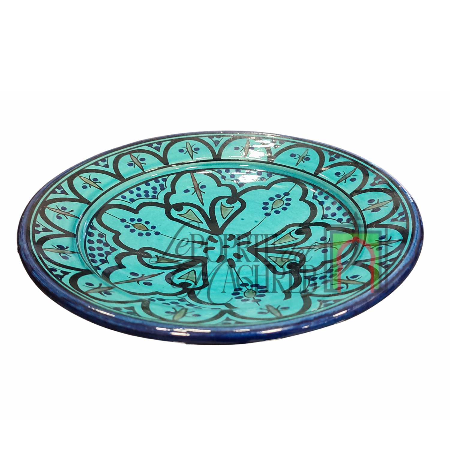 Piatto artigianale marocchino di Safi - dipinto a mano in terracotta turchese e nero