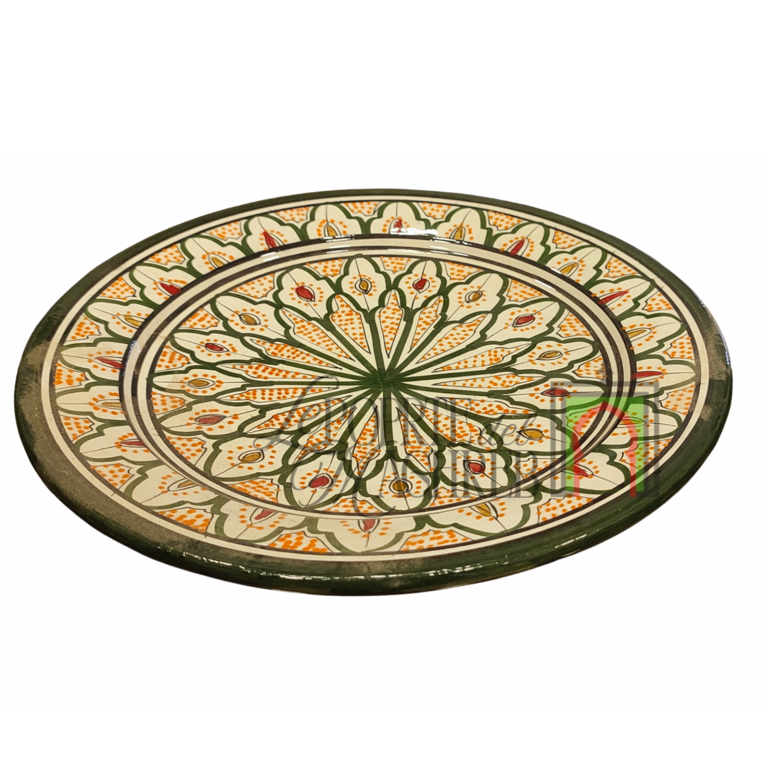 Piatto artigianale marocchino di Safi - dipinto a mano in terracotta verde, arancione e rosso