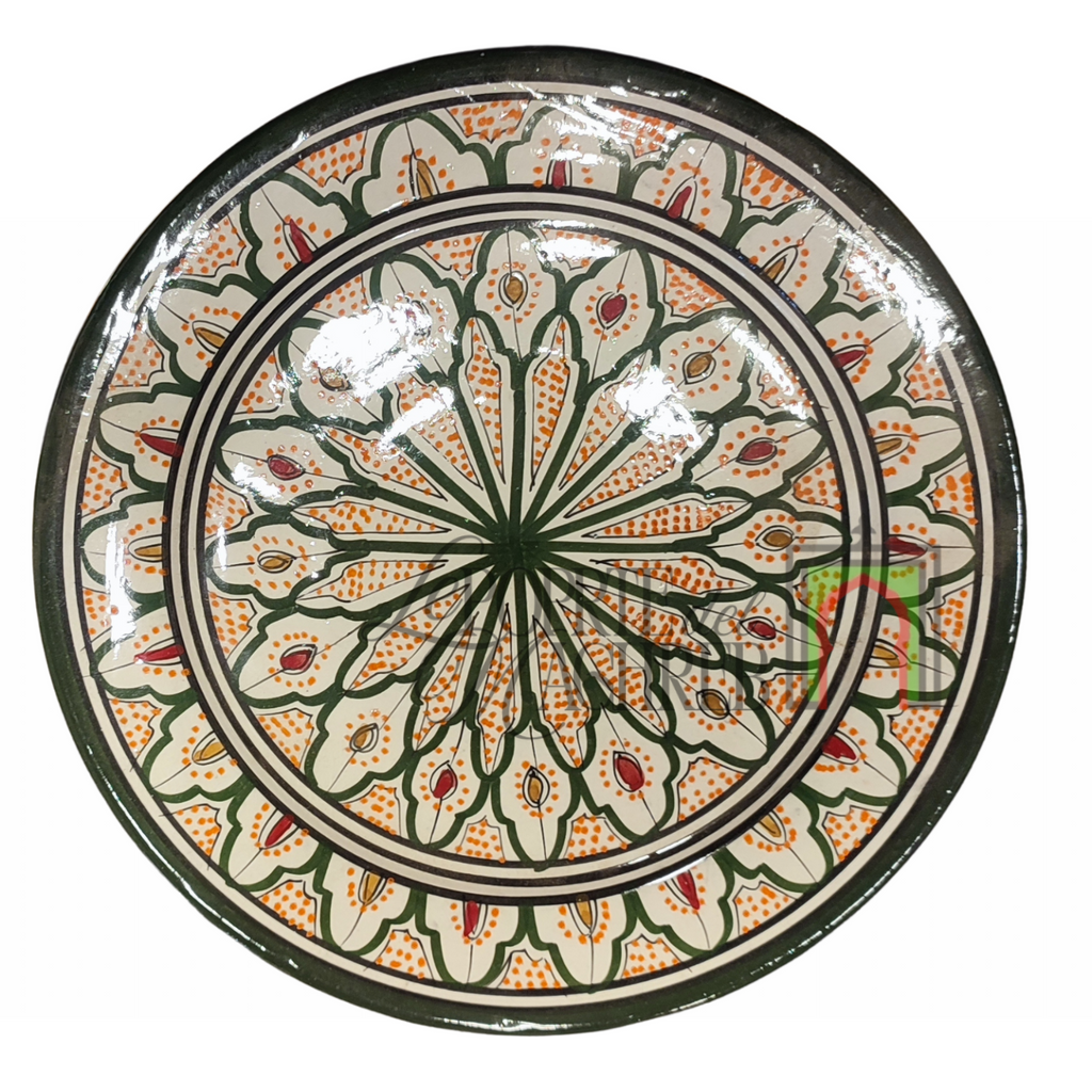 Piatto artigianale marocchino di Safi - dipinto a mano in terracotta verde, arancione e rosso