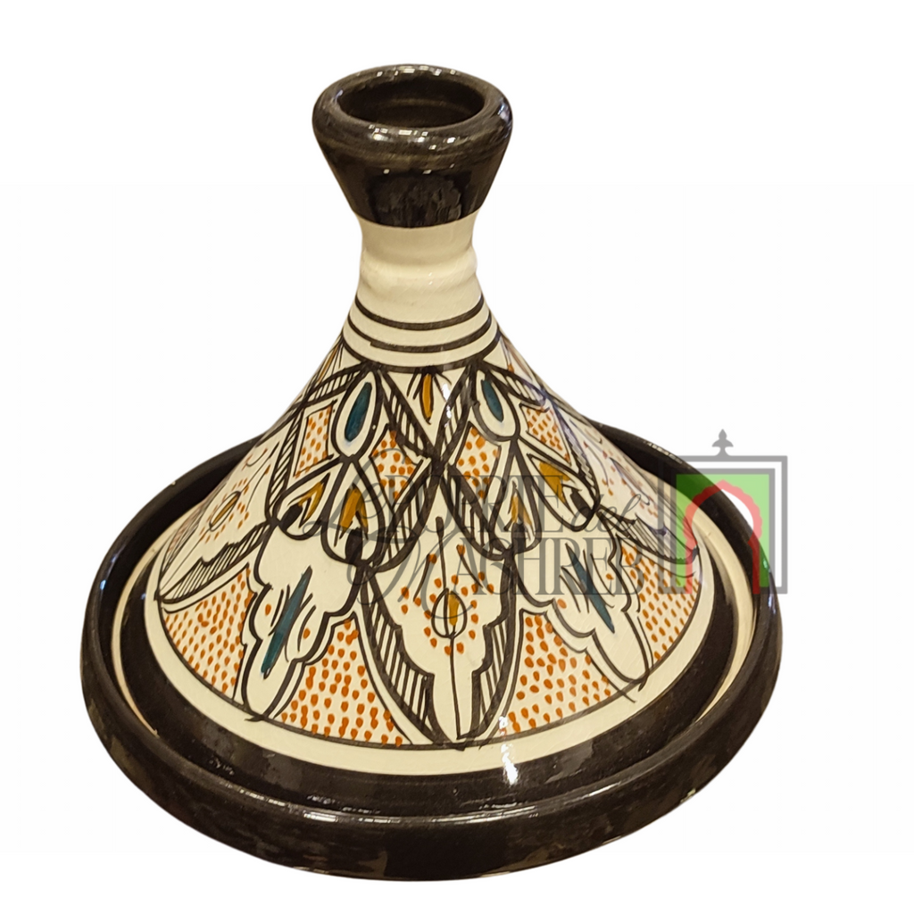 Tajine artigianale marocchino di Safi - dipinto a mano in terracotta beige e nero
