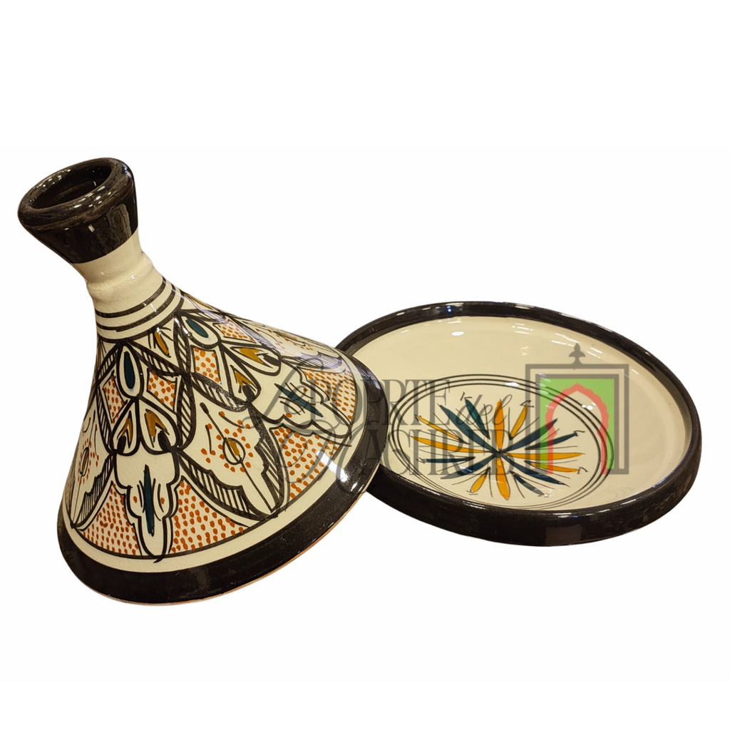 Tajine artigianale marocchino di Safi - dipinto a mano in terracotta beige e nero