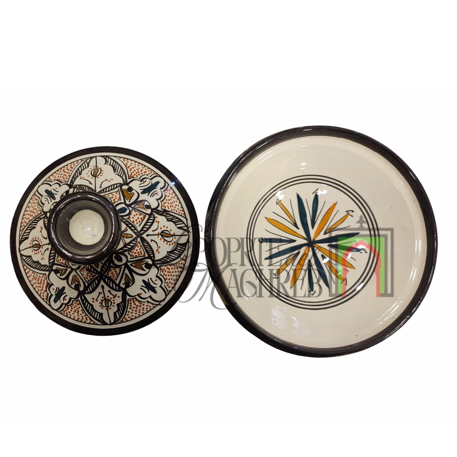 Tajine artigianale marocchino di Safi - dipinto a mano in terracotta beige e nero