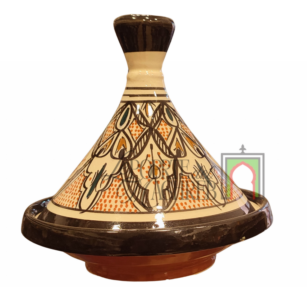 Tajine artigianale marocchino di Safi - dipinto a mano in terracotta beige e nero