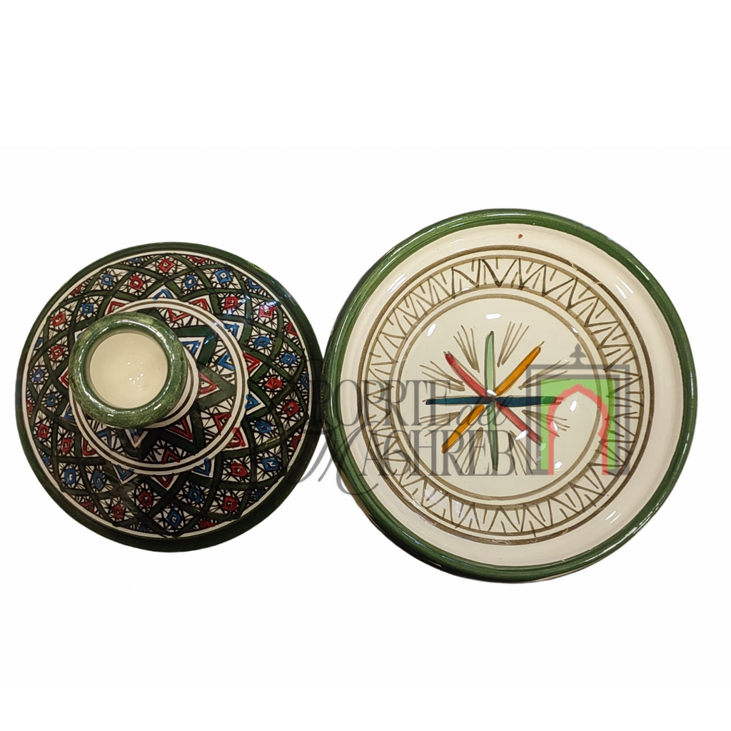Tajine artigianale marocchino di Safi - dipinto a mano in terracotta beige e verde