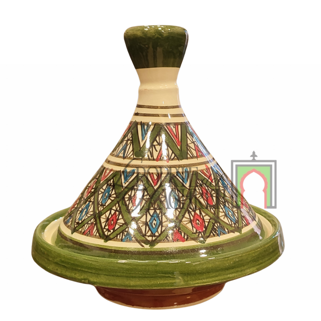 Tajine artigianale marocchino di Safi - dipinto a mano in terracotta beige e verde