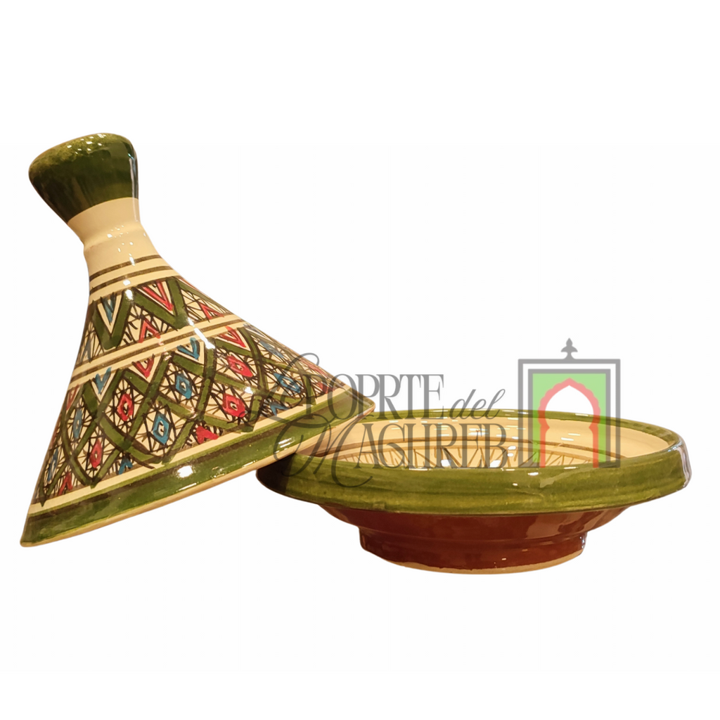 Tajine artigianale marocchino di Safi - dipinto a mano in terracotta beige e verde