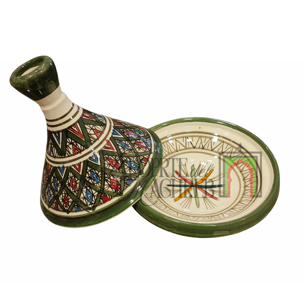 Tajine artigianale marocchino di Safi - dipinto a mano in terracotta beige e verde