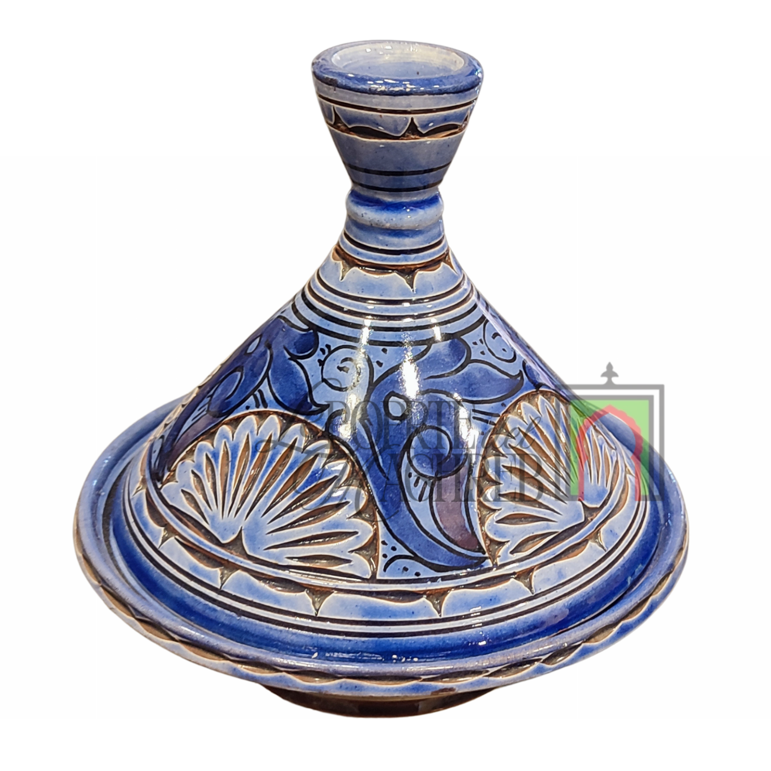 Tajine artigianale marocchino di Safi - dipinto a mano in terracotta blu con motivi floreali