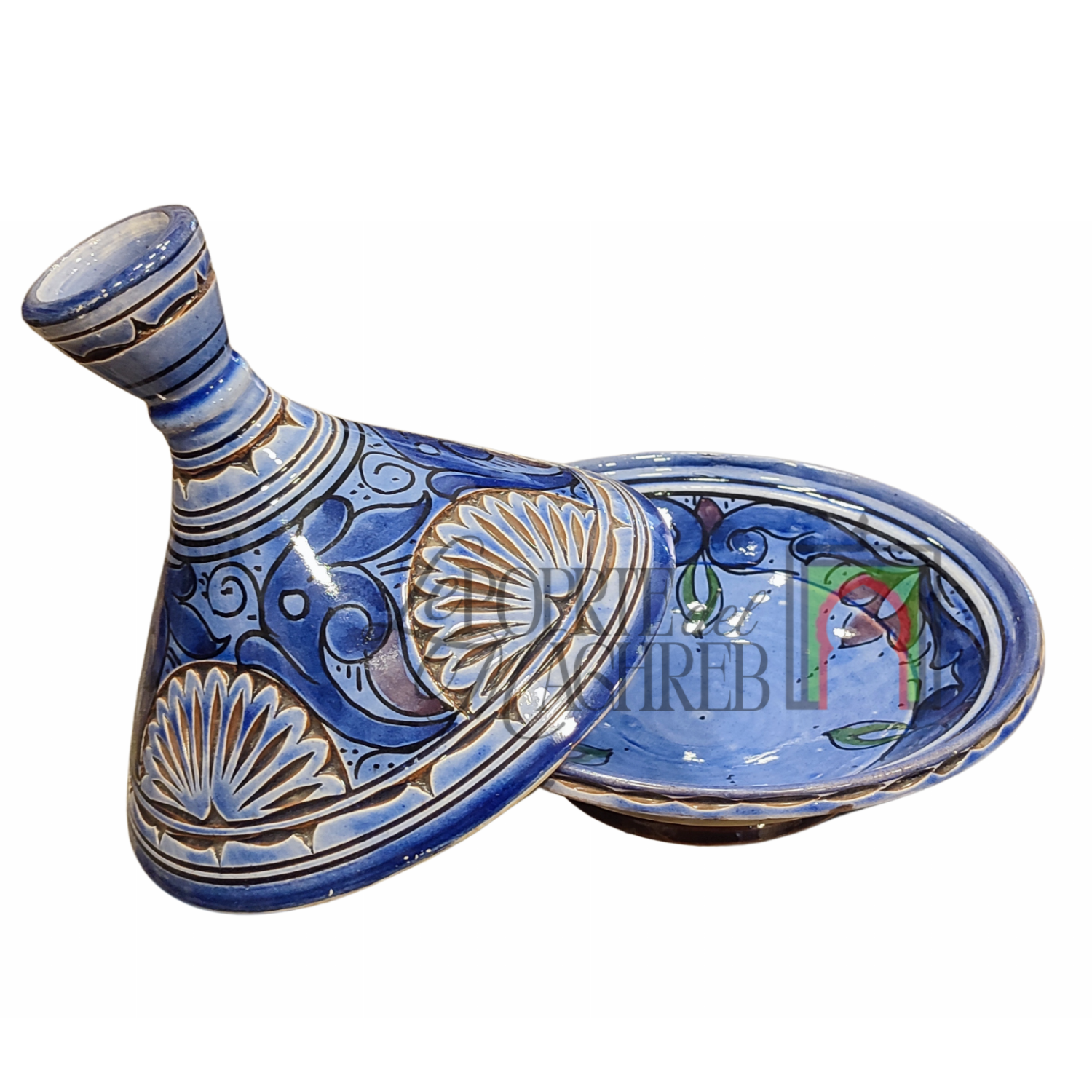 Tajine artigianale marocchino di Safi - dipinto a mano in terracotta blu con motivi floreali
