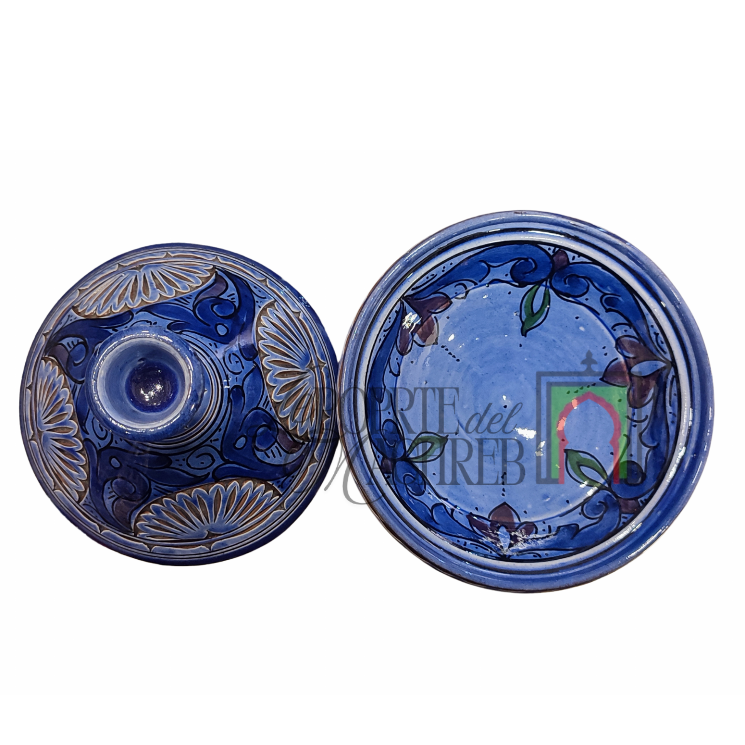 Tajine artigianale marocchino di Safi - dipinto a mano in terracotta blu con motivi floreali