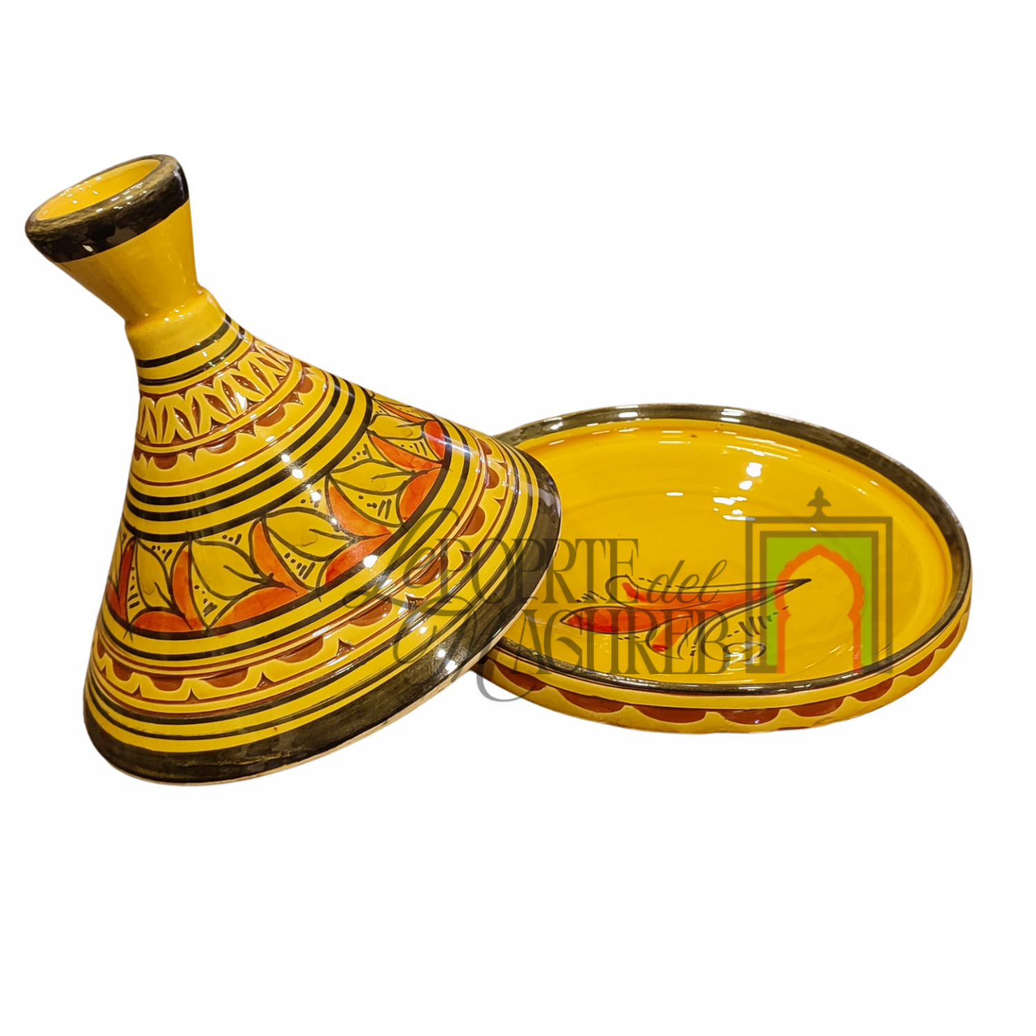 Tajine artigianale marocchino di Safi - dipinto a mano in terracotta gialla con motivi floreali
