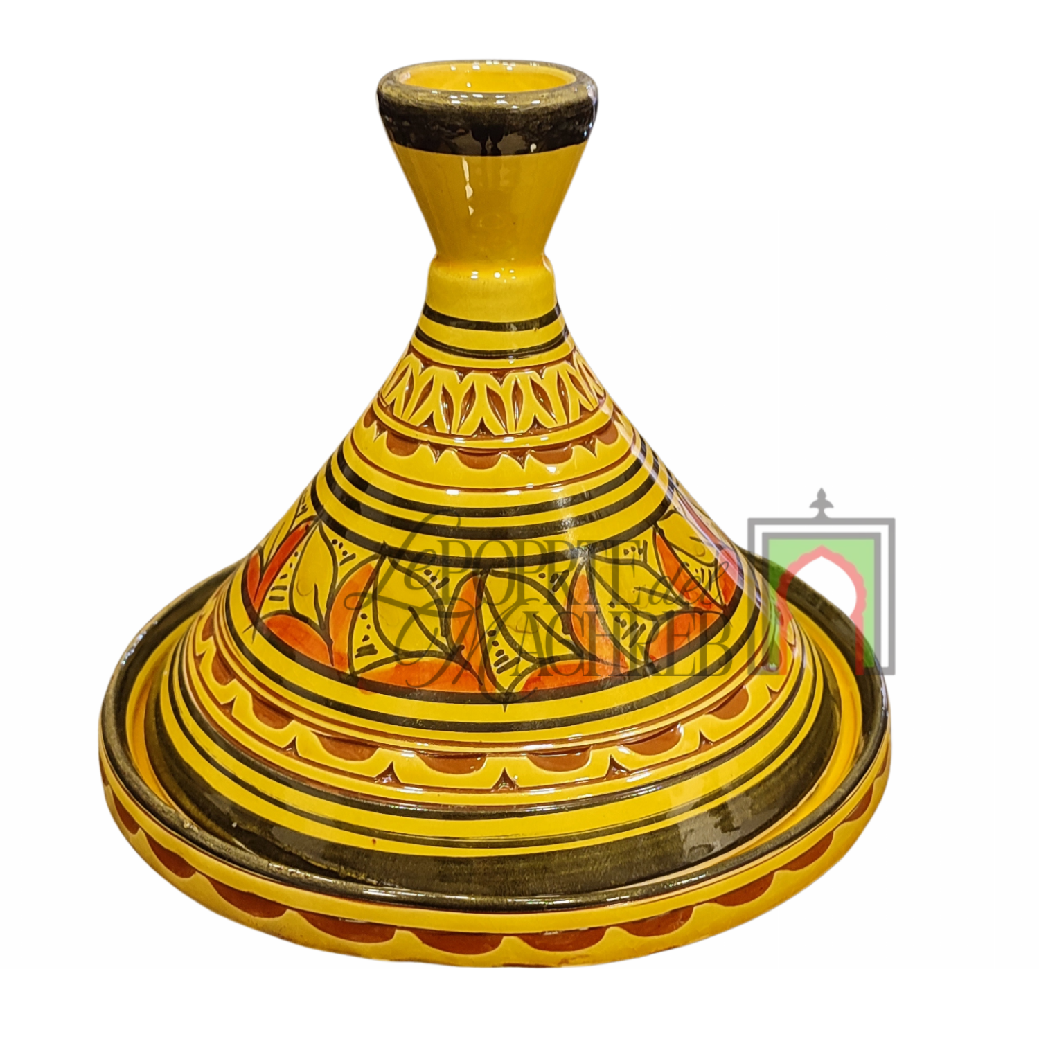 Tajine artigianale marocchino di Safi - dipinto a mano in terracotta gialla con motivi floreali