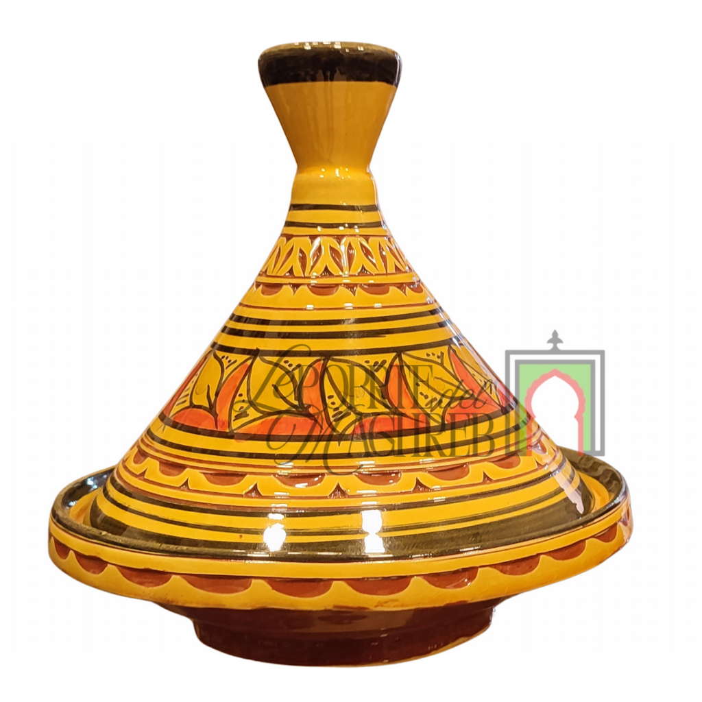 Tajine artigianale marocchino di Safi - dipinto a mano in terracotta gialla con motivi floreali