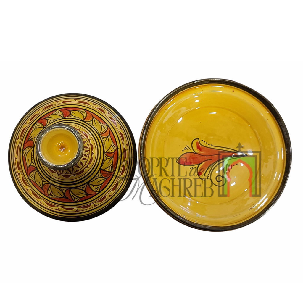 Tajine artigianale marocchino di Safi - dipinto a mano in terracotta gialla con motivi floreali