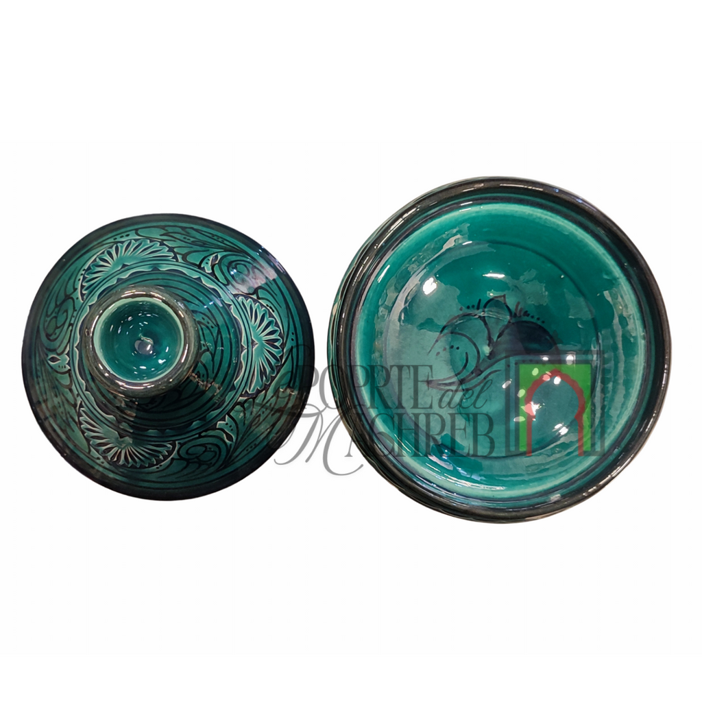 Tajine artigianale marocchino di Safi - dipinto a mano in terracotta verde con motivi floreali
